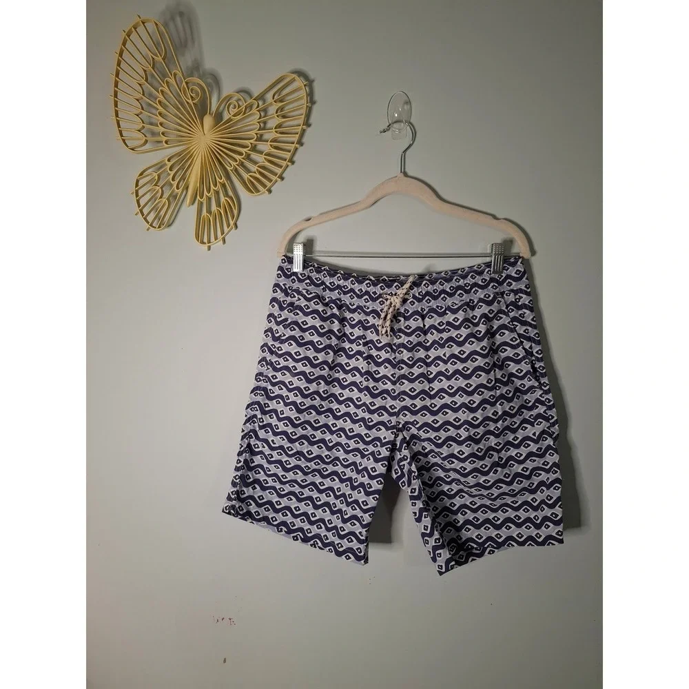 J.Crew Mens Blue Geometric Wave Print Swim Trunks Mesh Lined Medium